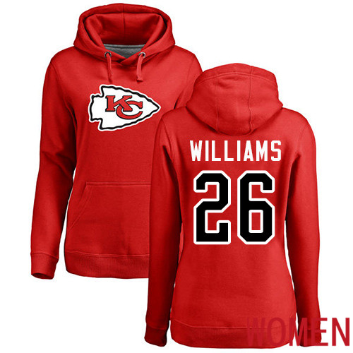 Women Football Kansas City Chiefs #26 Williams Damien Red Name and Number Logo Pullover Hoodie